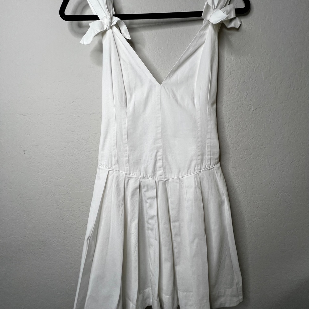 Free People White Mini Dress Small Pleated Skirt Bow Straps Cotton